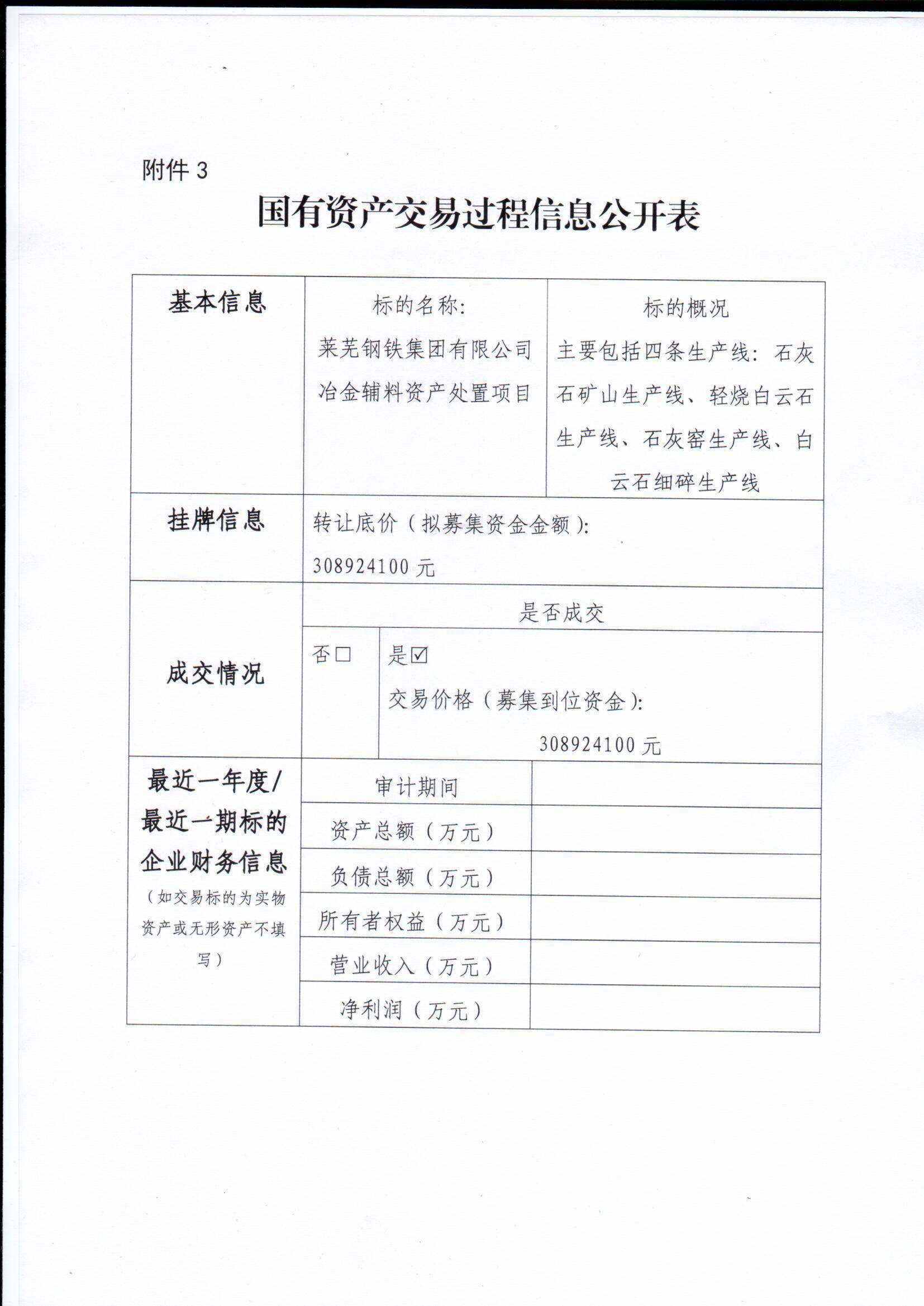 国有资产生意营业历程信息果真表（莱钢整体冶金辅料资产处置项目)