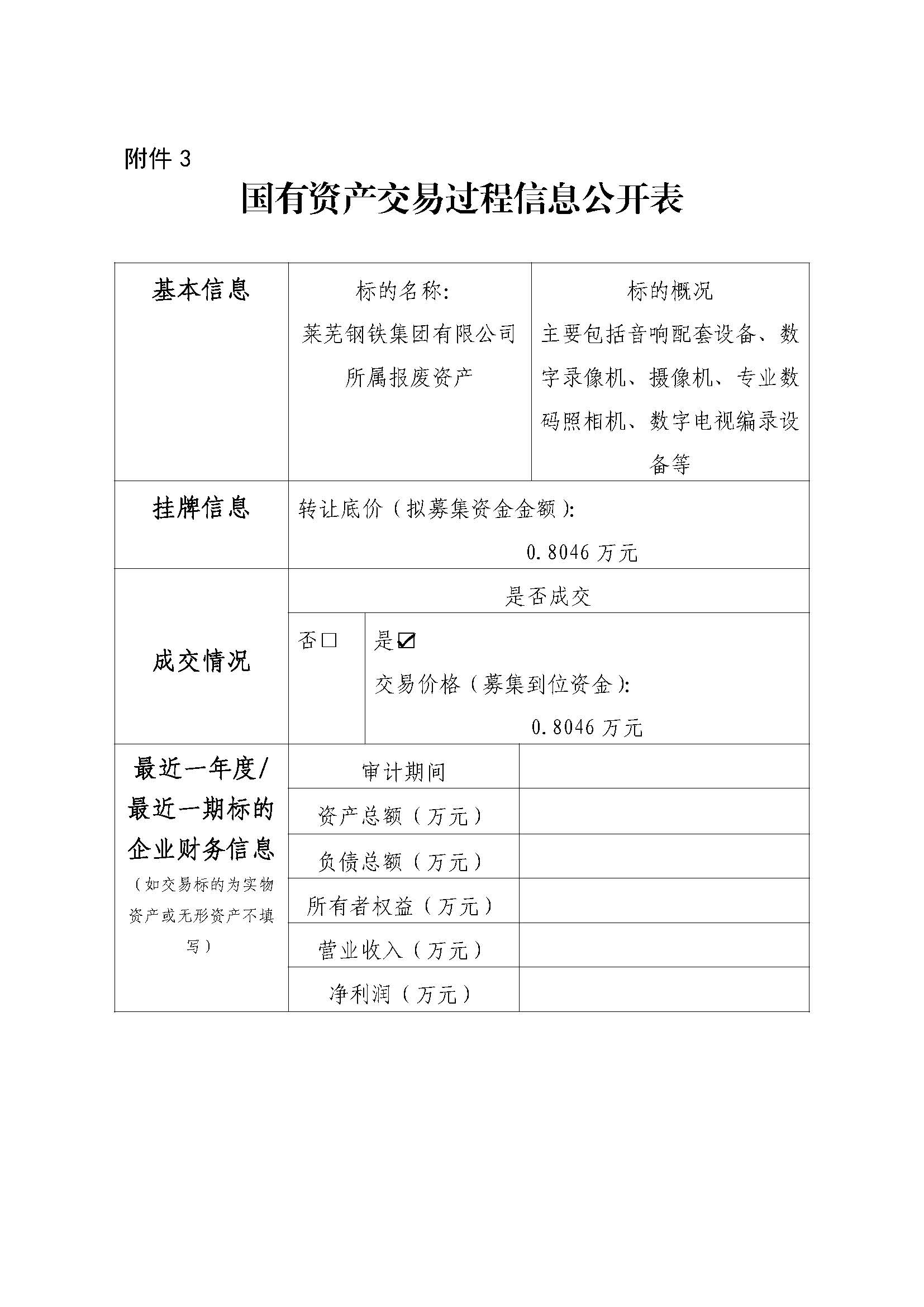 附件3 国有资产生意营业历程信息果真表（新闻中央报废装备） - 副本 - 副本 - 副本