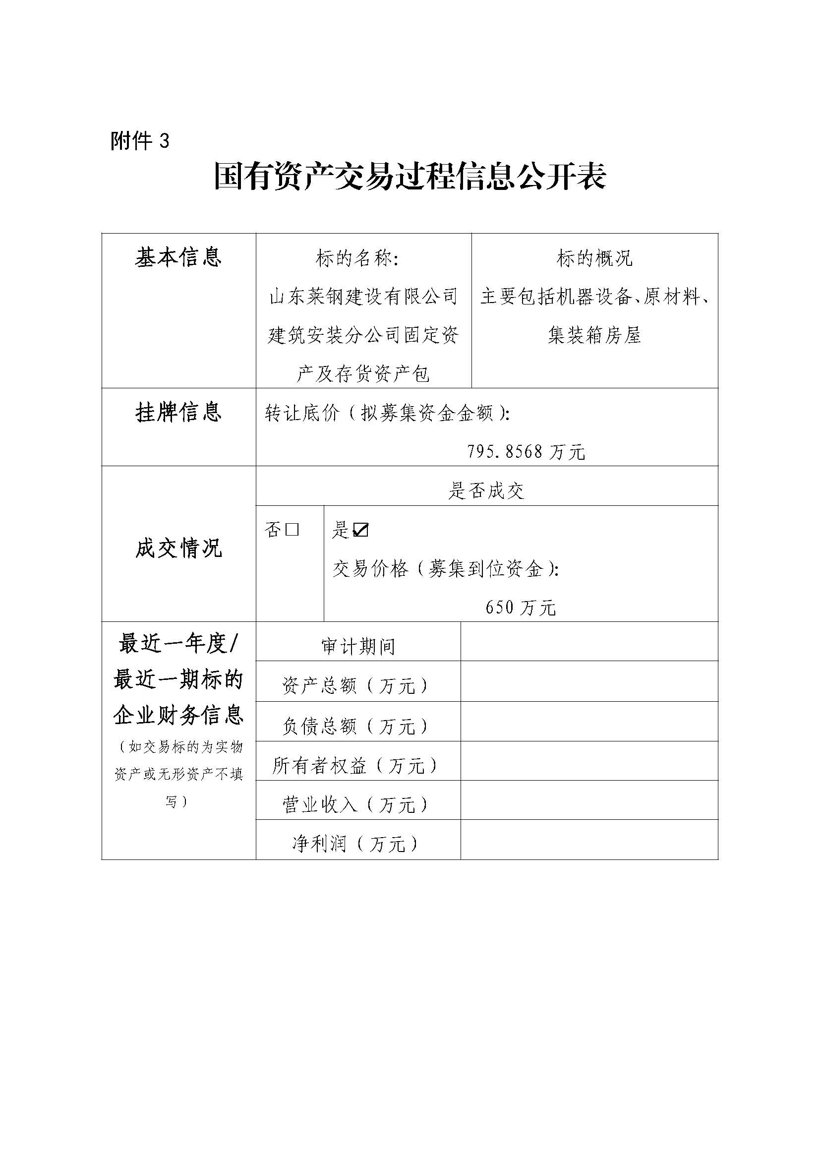 附件3 国有资产生意营业历程信息果真表（建安） -