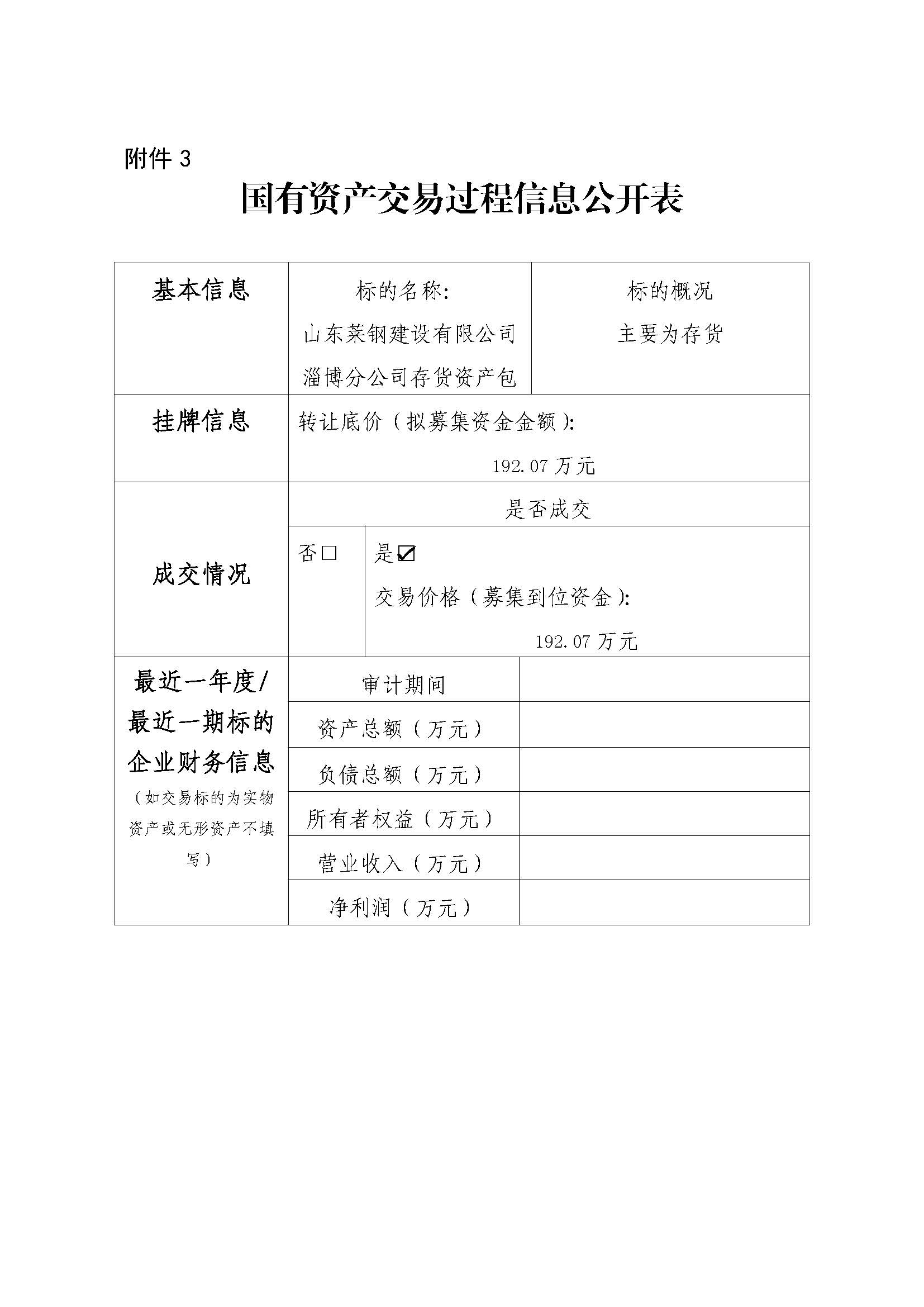 附件3 国有资产生意营业历程信息果真表（淄博分公司）